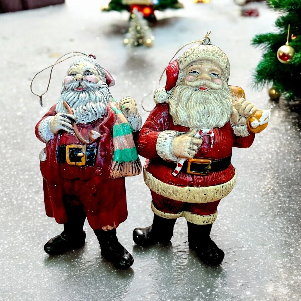2 Vintage Paper Mache Pulp Standing Santa Claus Lightweight Ornaments Candy Cane
